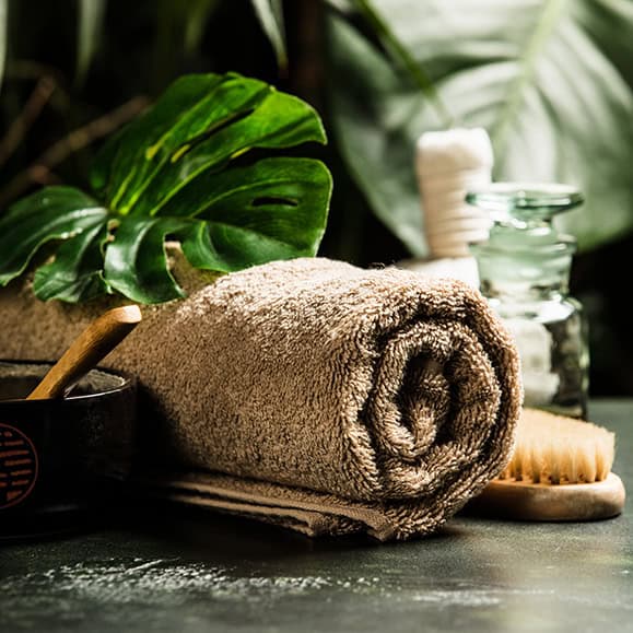 Wellness Projekt Berater – Spa & Entspannung Entspannungs- und Wellness-Accessoires mit Pflanzen und Handtuch.