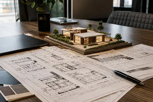 Architekturmodell und Planungsunterlagen für die Konzeption eines Wellnessprojekts