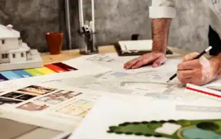 Architekturpläne, Materialmuster und technische Unterlagen für die Planung eines Wellnessprojekts.