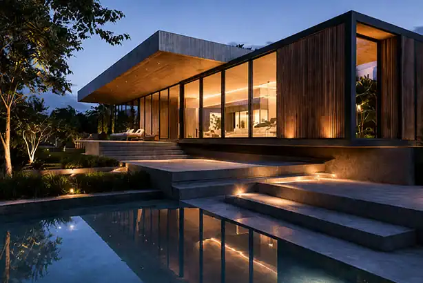 Modernes Spa und Wellness Design mit Pool, grossen Glasflächen und hochwertiger Architektur