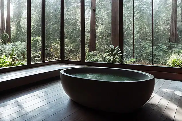 Wellnessbereich mit Badewanne und Panoramablick in den Wald.