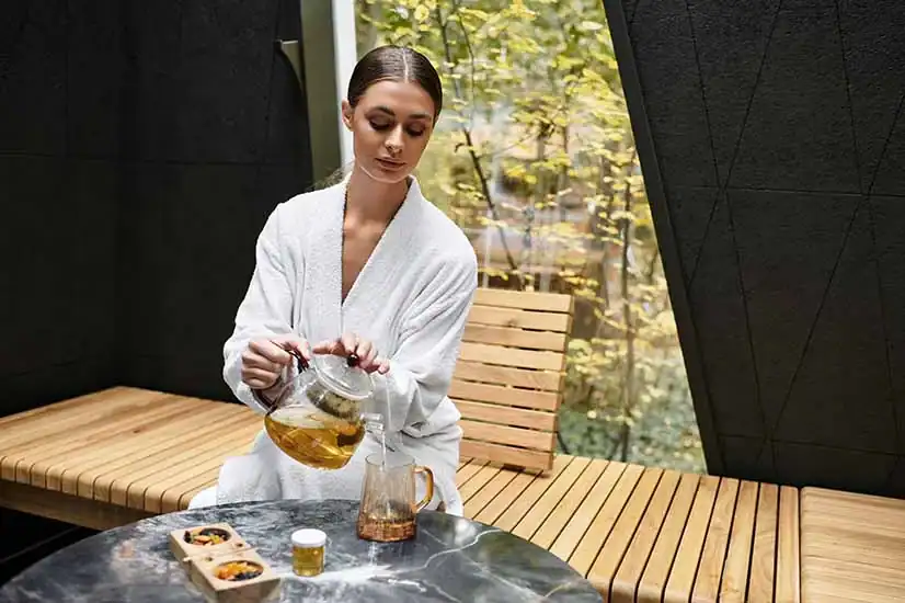 Wellnessberaterin bereitet ein hochwertiges Entspannungsritual im Freien vor.